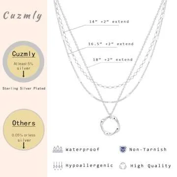 Cuzmly Layered Silver Necklaces for Women, 925 Sterling Silver Stackable Choker Necklaces for Women Trendy Layering Circle Pendant Chain Necklace Set Jewelry Gifts for Women Teen Girls, Brass, No