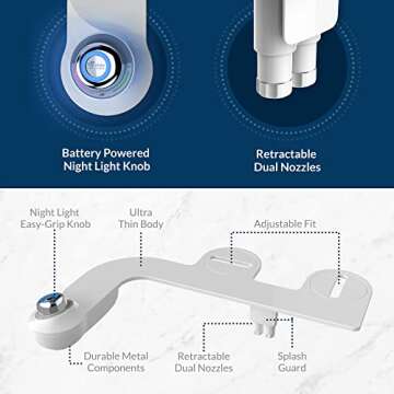 Bio Bidet Slim Glow Bidet Attachment for Toilet, Non Electric, Self Cleaning Dual Nozzles for Front and Rear Cold Water Wash, Night Light Knob, White