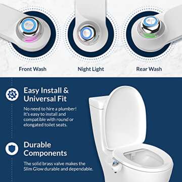 Bio Bidet Slim Glow Bidet Attachment for Toilet, Non Electric, Self Cleaning Dual Nozzles for Front and Rear Cold Water Wash, Night Light Knob, White