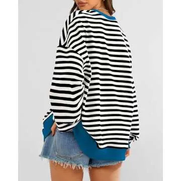 BTFBM Womens Striped Pullover Tops Fall Clothes 2025 Long Sleeve Shirts Trendy Soft Crew Neck Loose ...