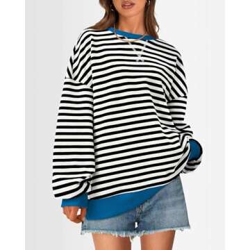 BTFBM Womens Striped Pullover Tops Fall Clothes 2025 Long Sleeve Shirts Trendy Soft Crew Neck Loose Y2K Sweatshirts(Black White, Medium)