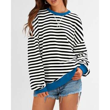 BTFBM Womens Striped Pullover Tops Fall Clothes 2025 Long Sleeve Shirts Trendy Soft Crew Neck Loose Y2K Sweatshirts(Black White, Medium)