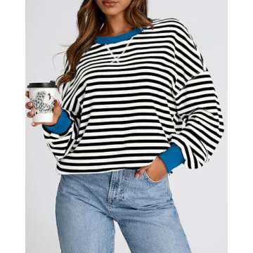 BTFBM Womens Striped Pullover Tops Fall Clothes 2025 Long Sleeve Shirts Trendy Soft Crew Neck Loose Y2K Sweatshirts(Black White, Medium)