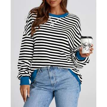 BTFBM Womens Striped Pullover Tops Fall Clothes 2025 Long Sleeve Shirts Trendy Soft Crew Neck Loose Y2K Sweatshirts(Black White, Medium)