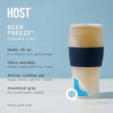 Host Freeze, Frozen Mugs, Freezable Pint Set, Beer Keep Your Drinks Cold, Double Walled Insulated Glasses, Tumbler for Iced Coffee, 16oz, Set of 2, Varsity Blue