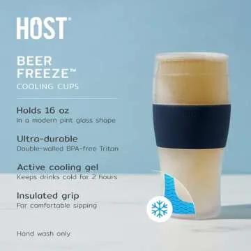Host Freeze, Frozen Mugs, Freezable Pint Set, Beer Keep Your Drinks Cold, Double Walled Insulated Glasses, Tumbler for Iced Coffee, 16oz, Set of 2, Varsity Blue