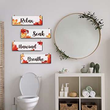 Blulu 4 Pieces Thanksgiving Fall Bathroom Wall Decor Bathroom Wall Art Farmhouse Bathroom Wooden Decor Relax Soak Unwind Breathe Sign for Fall Thanksgiving Home Restroom Hotel Office(White)