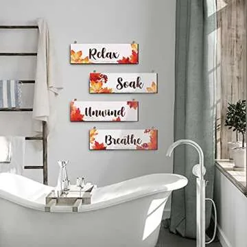 Blulu 4 Pieces Thanksgiving Fall Bathroom Wall Decor Bathroom Wall Art Farmhouse Bathroom Wooden Decor Relax Soak Unwind Breathe Sign for Fall Thanksgiving Home Restroom Hotel Office(White)