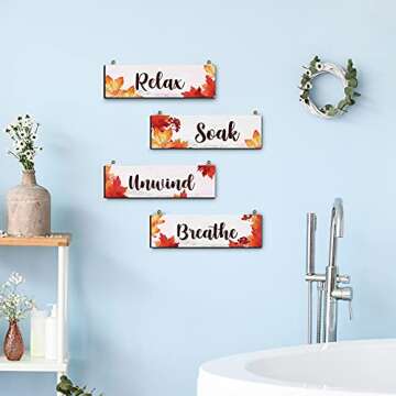 Blulu 4 Pieces Thanksgiving Fall Bathroom Wall Decor Bathroom Wall Art Farmhouse Bathroom Wooden Decor Relax Soak Unwind Breathe Sign for Fall Thanksgiving Home Restroom Hotel Office(White)