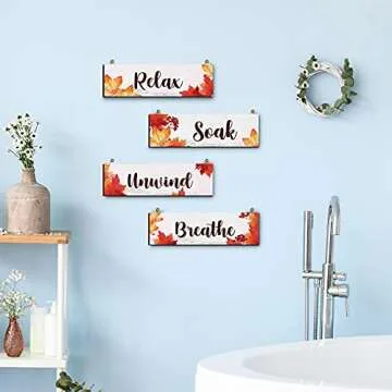 Blulu 4 Pieces Thanksgiving Fall Bathroom Wall Decor Bathroom Wall Art Farmhouse Bathroom Wooden Decor Relax Soak Unwind Breathe Sign for Fall Thanksgiving Home Restroom Hotel Office(White)