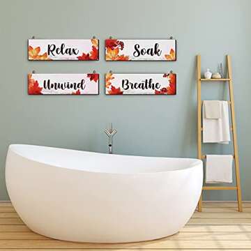Blulu 4 Pieces Thanksgiving Fall Bathroom Wall Decor Bathroom Wall Art Farmhouse Bathroom Wooden Decor Relax Soak Unwind Breathe Sign for Fall Thanksgiving Home Restroom Hotel Office(White)
