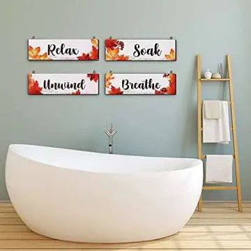 Blulu 4 Pieces Thanksgiving Fall Bathroom Wall Decor Bathroom Wall Art Farmhouse Bathroom Wooden Decor Relax Soak Unwind Breathe Sign for Fall Thanksgiving Home Restroom Hotel Office(White)