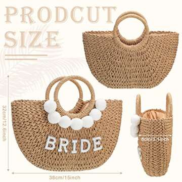 Pinkunn Bride Gift Beach Bag Mrs Handwoven Straw Bag Rhinestone Pearl Letters Purse Bachelorette Wed...