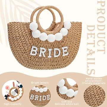 Pinkunn Bride Gift Beach Bag Mrs Handwoven Straw Bag Rhinestone Pearl Letters Purse Bachelorette Wedding Honeymoon Essentials(Bride, Pearl Letter)