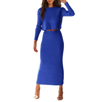 PRETTYGARDEN Women's Spring Fall 2 Piece Sweater Set Rib Knit Long Sleeve Crop Top Maxi Bodycon Skir...