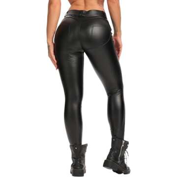 FITTOO Leather Pants for Women Butt Lift Leggings Faux Pleather Scrunch High Waisted Lifting Pants S...