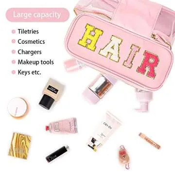 MEEJUNE Portable Chenille Letter Clear Preppy Makeup Zipper Bag Waterproof Foldable Organizer Travel Storage Purse For Vacation Travel, Bathroom