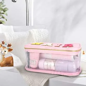 MEEJUNE Portable Chenille Letter Clear Preppy Makeup Zipper Bag Waterproof Foldable Organizer Travel Storage Purse For Vacation Travel, Bathroom