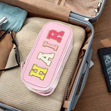 MEEJUNE Portable Chenille Letter Clear Preppy Makeup Zipper Bag Waterproof Foldable Organizer Travel Storage Purse For Vacation Travel, Bathroom