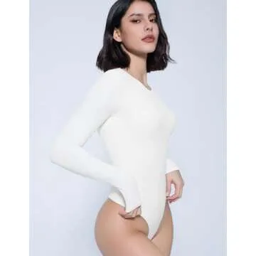Avidlove White Y2K Bodysuit Women Double Lined Thong Body Suits Long Sleeve Round Neck Bodysuits for Women(White, S)