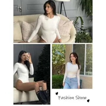 Avidlove White Y2K Bodysuit Women Double Lined Thong Body Suits Long Sleeve Round Neck Bodysuits for Women(White, S)