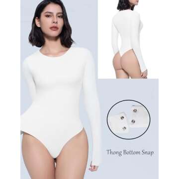 Avidlove White Y2K Bodysuit Women Double Lined Thong Body Suits Long Sleeve Round Neck Bodysuits for Women(White, S)
