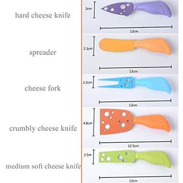 DKE&YMQ Cheese Knife Set 5 Pcs, Stainless Steel Cheese Knife Fork Spreader with Colorful Handles, Ac...
