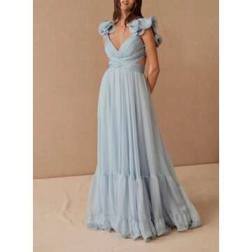 Chiffon Ruffle Prom Dresses for Women Formal Long V Neck Bridesmaid Dresses Backless A Line Evening Party Gowns Red