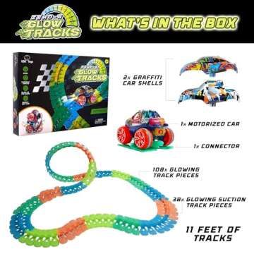 USA Toyz Zero-G Glow Race Track for Kids- 150pcs Glow in The Dark Flexible Race Track Set with Suction Cups, Slot Car, 2 Graffiti Toy Cars Shells, STEM Toy LED Car Tracks for Boys and Girls Age 3+