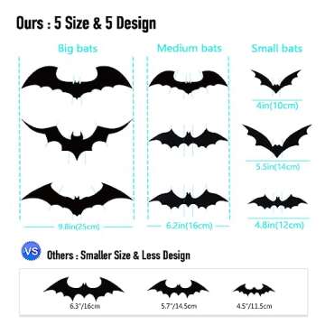 Ivenf 100 Pcs Halloween Decorations Indoor 3D Bats Wall Stickers 5 Size & 5 Design for Home Decor, Extra Large Black Scary Bats Window Door Porch Decals Outdoor for Halloween Eve Party Supplies