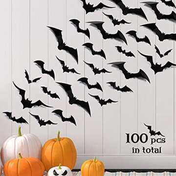 Ivenf 100 Pcs Halloween Decorations Indoor 3D Bats Wall Stickers 5 Size & 5 Design for Home Decor, Extra Large Black Scary Bats Window Door Porch Decals Outdoor for Halloween Eve Party Supplies