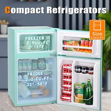 Antarctic Star Mini Fridge 3.1Cu.Ft Compact Refrigerator 2-Doors Freezer Low Noise Defrost Storage o...