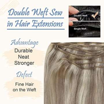 Easyouth Sew in Hair Extensions Human Hair Weft Hair Extensions Human Hair Color Ash Blonde Mix Platinum Blonde Sew in Extensions Human Hair Bundles Double Weft 12 Inch 70G