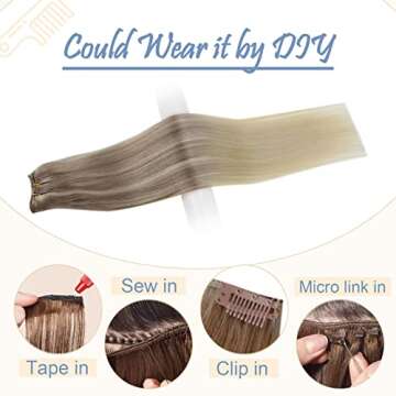 Easyouth Sew in Hair Extensions Human Hair Weft Hair Extensions Human Hair Color Ash Blonde Mix Platinum Blonde Sew in Extensions Human Hair Bundles Double Weft 12 Inch 70G