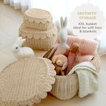 BEBE BASK Large Scalloped Basket Set Of 3 - Hand-Woven & Award-Winning Scallop Basket - XXL - Extra Large for Blankets 22 x 16 x 10 In - Elegant Wicker With Scalloped Edge Lid (Natural)