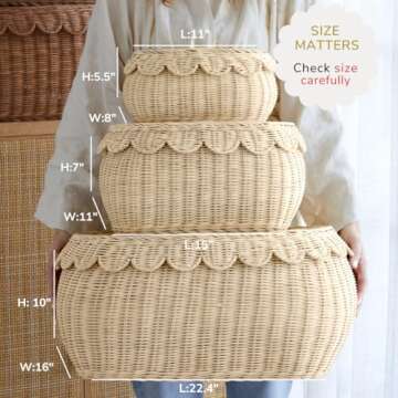 BEBE BASK Large Scalloped Basket Set Of 3 - Hand-Woven & Award-Winning Scallop Basket - XXL - Extra Large for Blankets 22 x 16 x 10 In - Elegant Wicker With Scalloped Edge Lid (Natural)