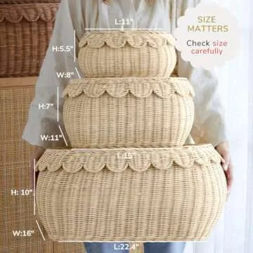BEBE BASK Large Scalloped Basket Set Of 3 - Hand-Woven & Award-Winning Scallop Basket - XXL - Extra Large for Blankets 22 x 16 x 10 In - Elegant Wicker With Scalloped Edge Lid (Natural)