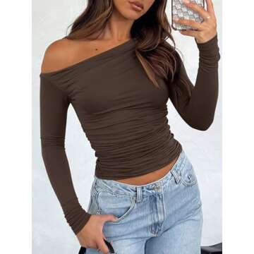 ANRABESS Womens Off Shoulder Long Sleeve Shirts Slim Fitted Sexy Tight Going Out Crop Tops Blouses Y2K Outfits 2025 Trendy Brown M