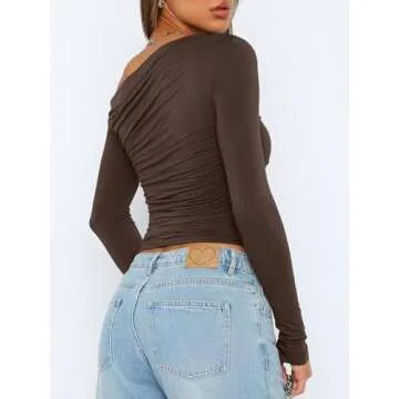 ANRABESS Womens Off Shoulder Long Sleeve Shirts Slim Fitted Sexy Tight Going Out Crop Tops Blouses Y2K Outfits 2025 Trendy Brown M