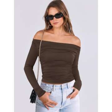 ANRABESS Womens Off Shoulder Long Sleeve Shirts Slim Fitted Sexy Tight Going Out Crop Tops Blouses Y2K Outfits 2025 Trendy Brown M