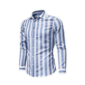 JMIERR Mens Linen Shirt Casual Summer Beach Long Sleeve Button Down Dress Shirt, L, Sky Blue and White Striped
