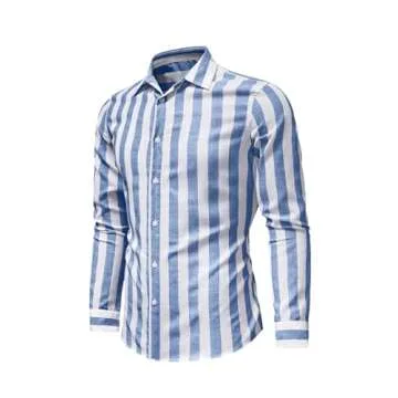 JMIERR Mens Linen Shirt Casual Summer Beach Long Sleeve Button Down Dress Shirt, L, Sky Blue and White Striped