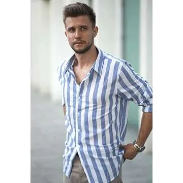 JMIERR Mens Linen Shirt Casual Summer Beach Long Sleeve Button Down Dress Shirt, L, Sky Blue and White Striped