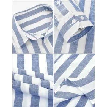 JMIERR Mens Linen Shirt Casual Summer Beach Long Sleeve Button Down Dress Shirt, L, Sky Blue and White Striped