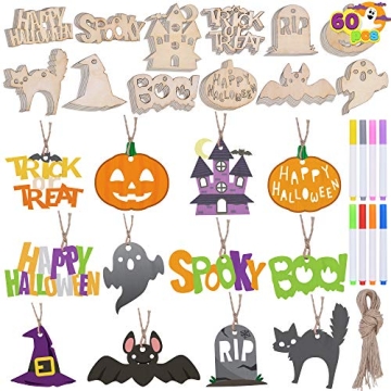 JOYIN 60 Pcs Halloween Craft Wooden Painting Kit, Halloween Party Supplies, Party Favors for Kids, H...