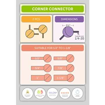 Ivilon Bay Window Curtain Rod Corner Connector - for Rods of 5/8 to 1-1/8 Inch - Black