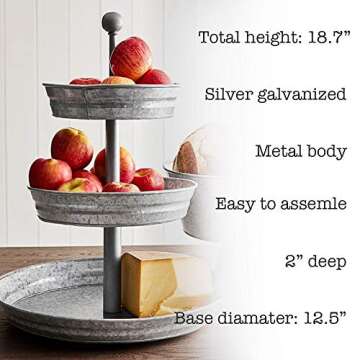 3 Tier Serving Tray Vintage Galvanized Metal Stand Kitchen Tiered Home Farmhouse Style Decor Rustic ...