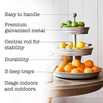 3 Tier Serving Tray Vintage Galvanized Metal Stand Kitchen Tiered Home Farmhouse Style Decor Rustic Country Cupcake Stand Bar Accessories for Indoor Outdoor Use Silver