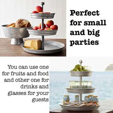 3 Tier Serving Tray Vintage Galvanized Metal Stand Kitchen Tiered Home Farmhouse Style Decor Rustic Country Cupcake Stand Bar Accessories for Indoor Outdoor Use Silver