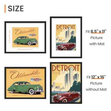 upsimples 12x16 Picture Frame, Display Pictures 8.5x11 with Mat or 12x16 Without Mat, Wall Hanging Photo Frame, Black, 1 Pack